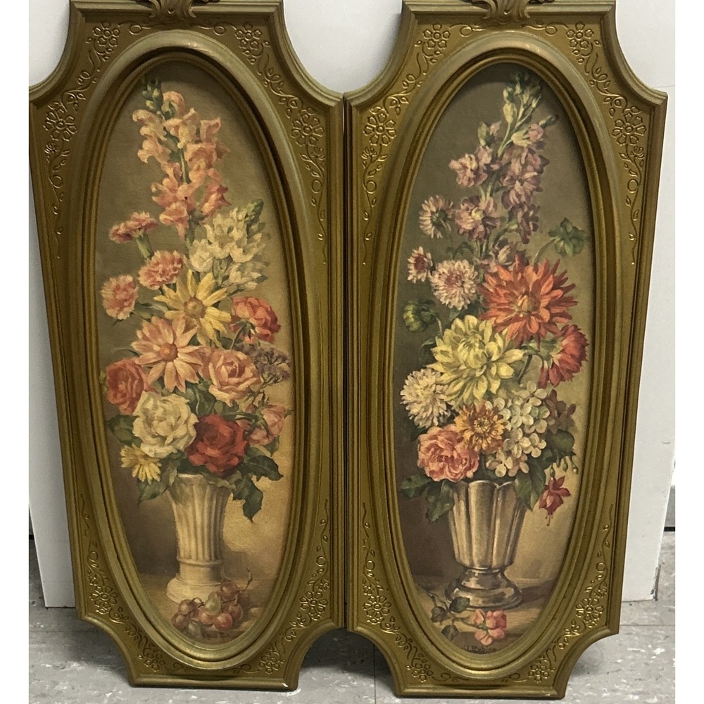 Pair of 1964 Florentine Gardens Vtg Floral Wall Art by Cecil Rubino - Gold Frame